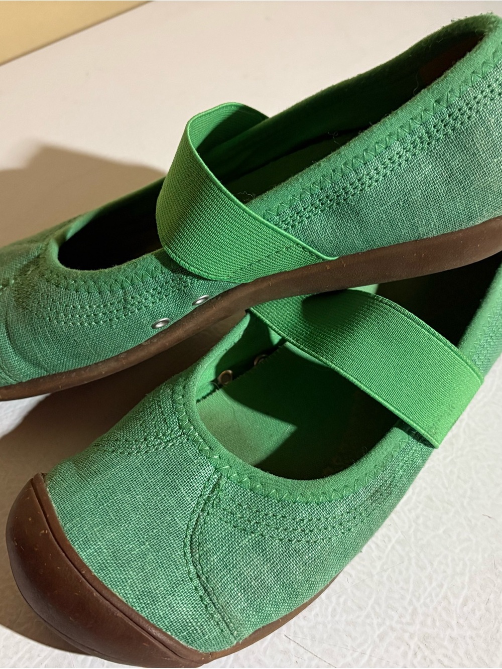 Keen Green Canvas Mary Jane Flats with Brown Toe